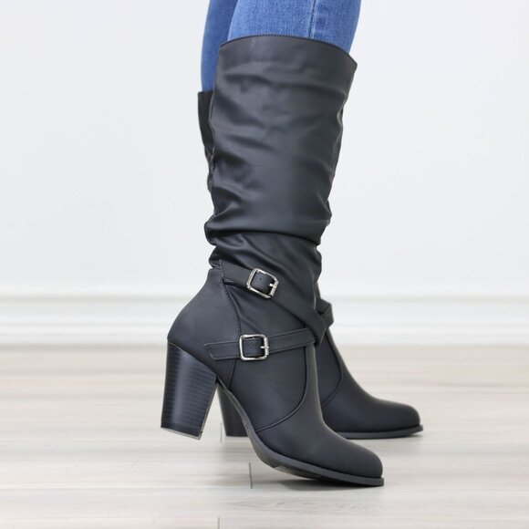 Black Mid Calf Block Heeled Boots Synthetic Leather Pointed Toe Womens - Picture 5 of 16